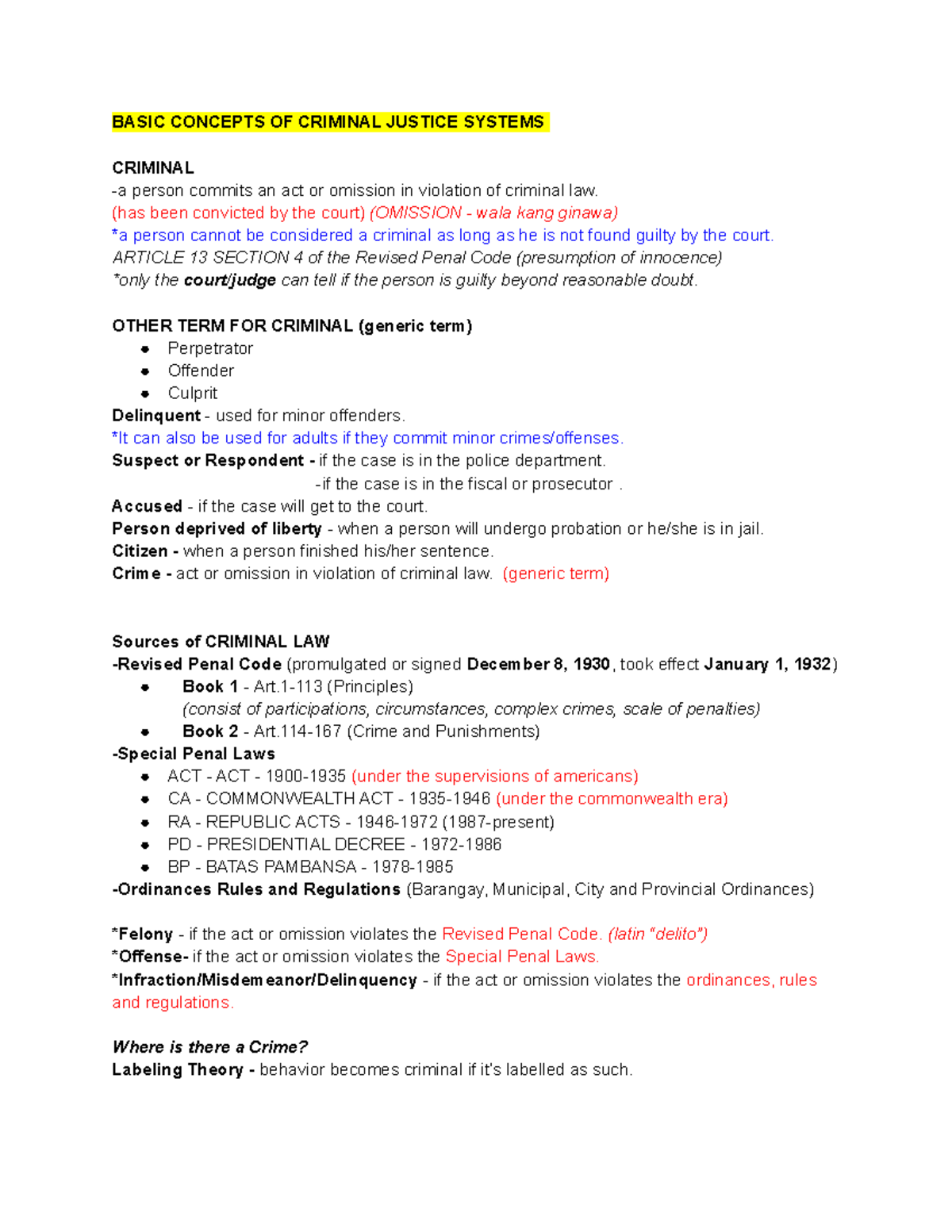 CLAW-1 Bayhon-RAW- Notes - BASIC CONCEPTS OF CRIMINAL JUSTICE SYSTEMS ...