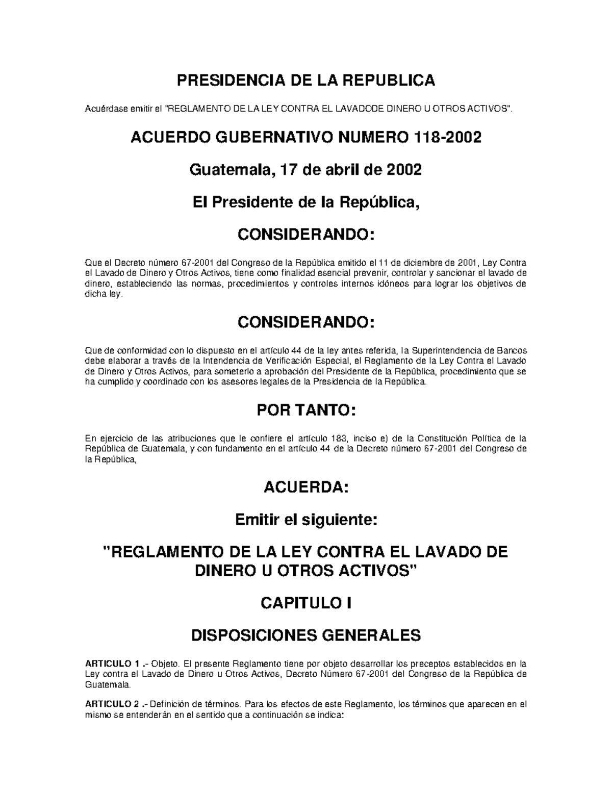 8.3 - Reglamento de la Ley Contra el Lavado de Dinero u Otros Activos ...