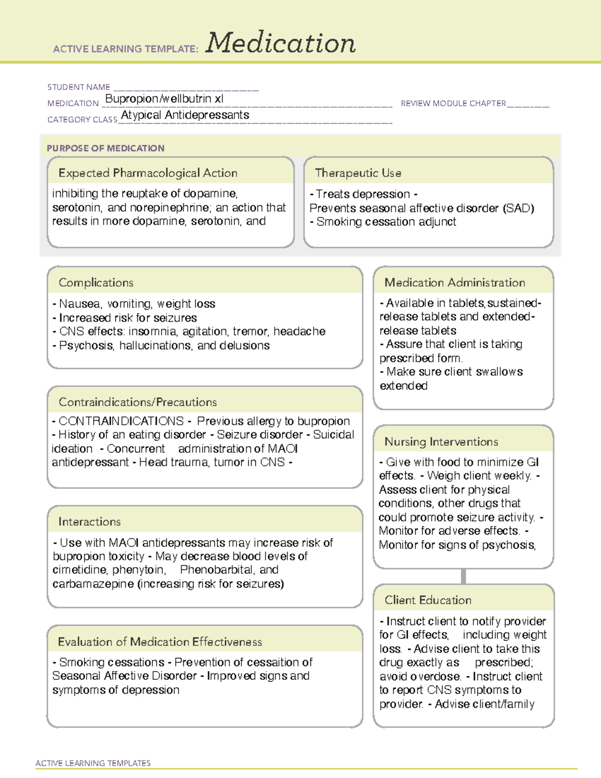 Bupropion med template ACTIVE LEARNING TEMPLATES Medication STUDENT