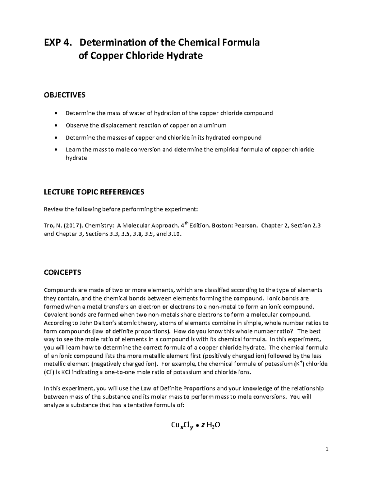 Exp 4 Determination of the chemical Formula of Copper Chloride Hydrate