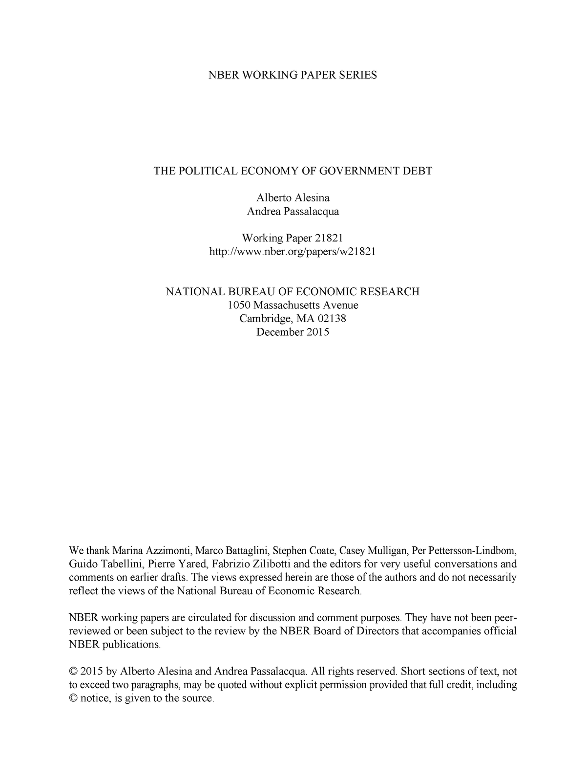 Political economy of government debt NBER WORKING PAPER SERIES THE