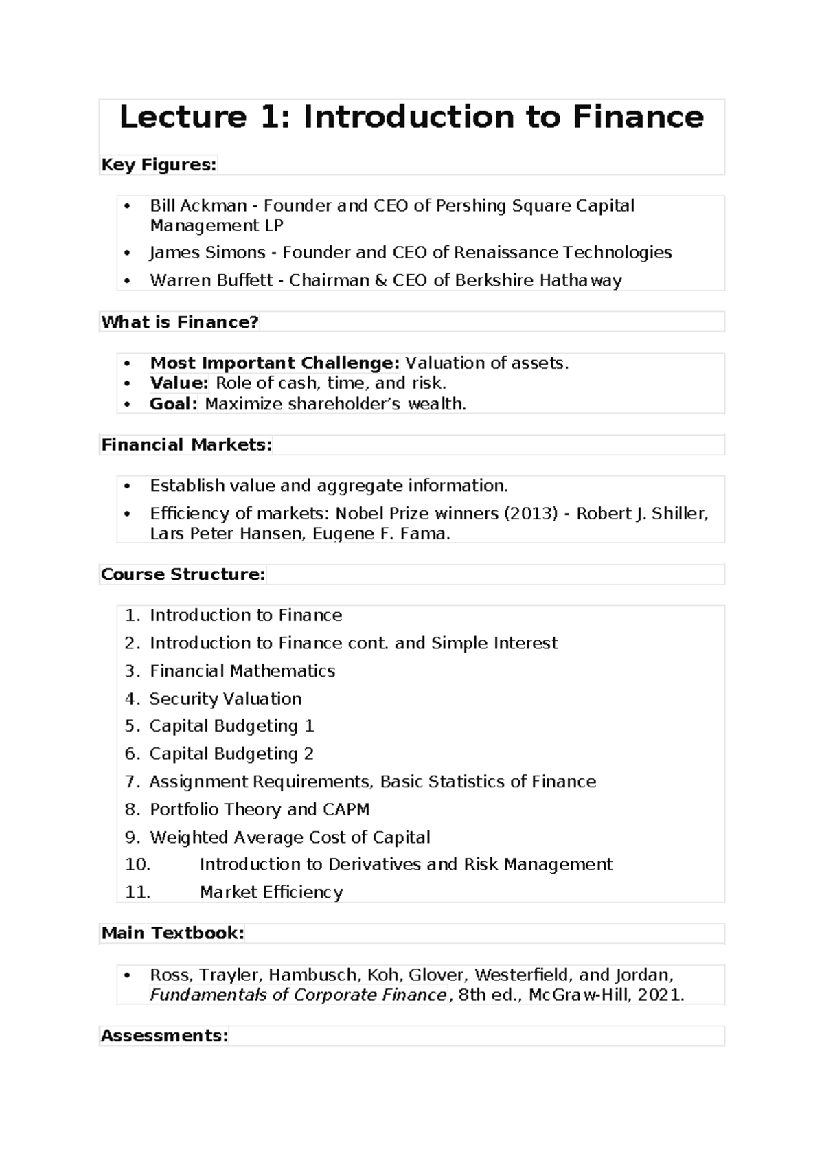 Study Notes - Lecture 1: Introduction to Finance Key Figures: Bill ...