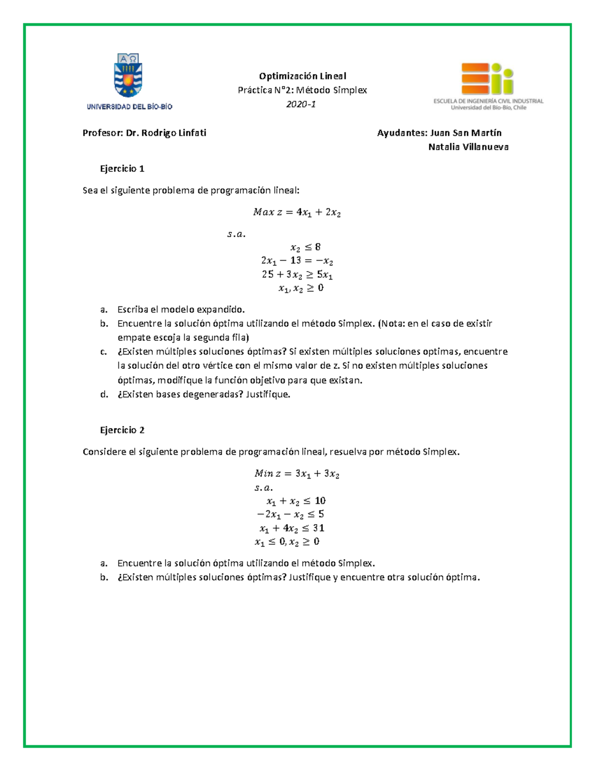 Solucionario Práctica N°2 Método Simplex - Optimización Lineal Práctica ...