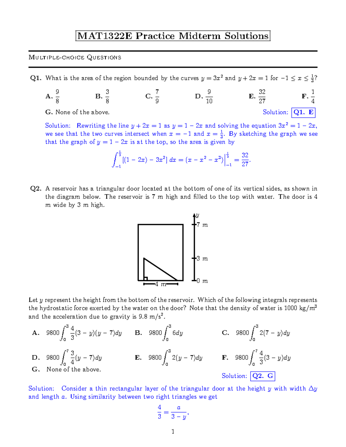 Mat1322-practice Test 1 - MAT1322E Practice Midterm Solutions Multiple ...