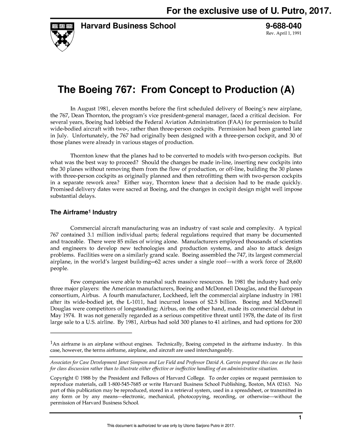 the boeing 767 from concept to production case study solution