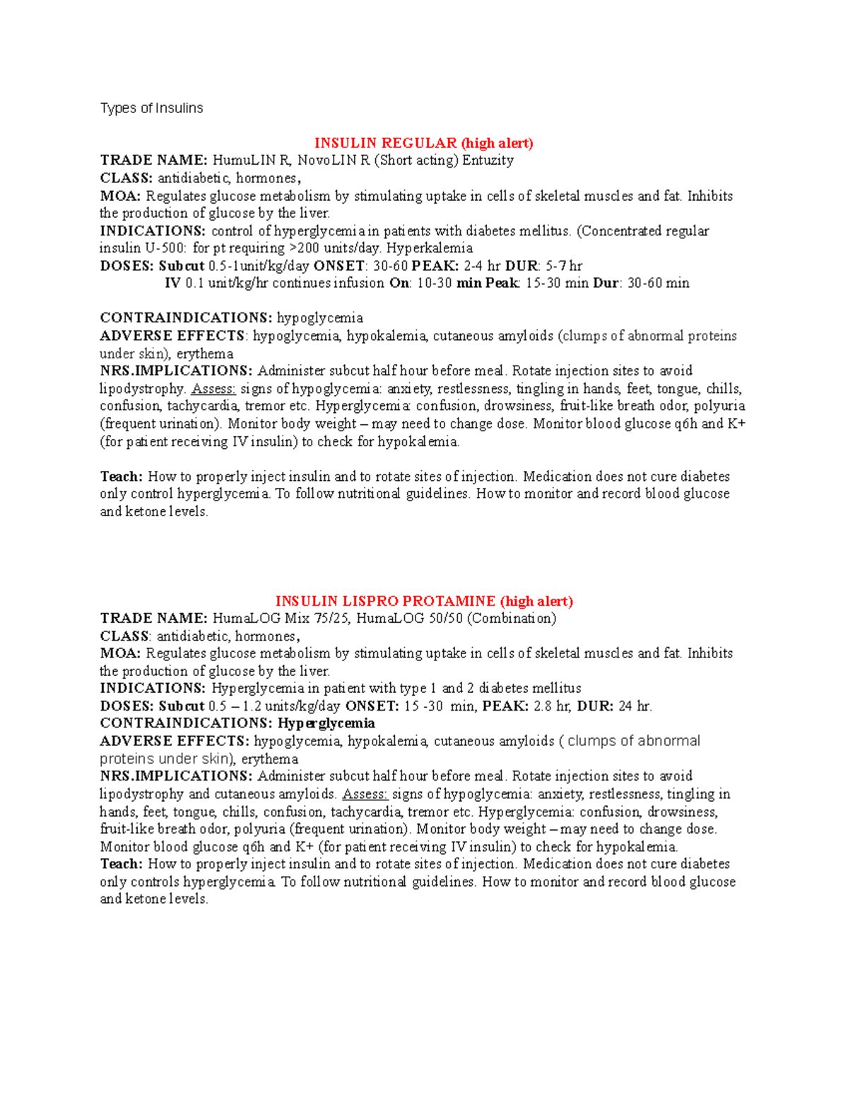 Furosemide and insulin - Types of Insulins INSULIN REGULAR (high alert ...