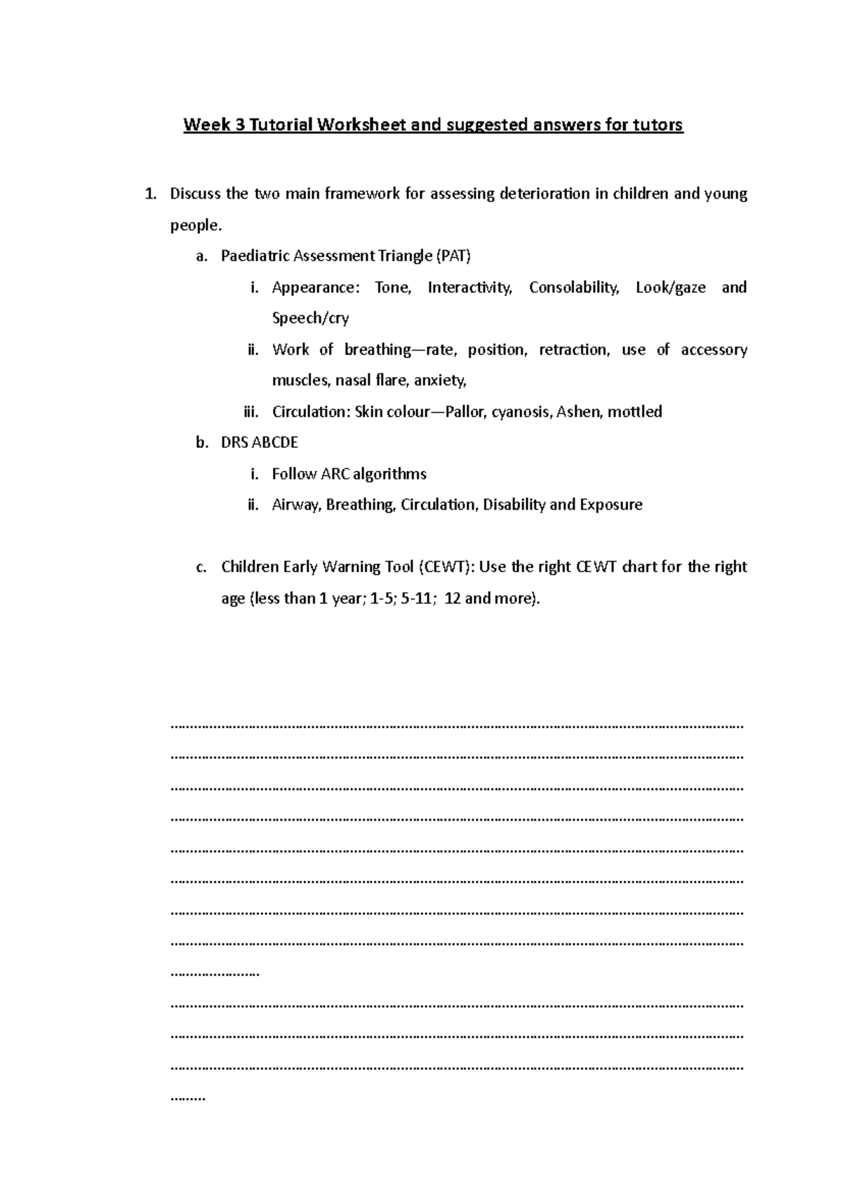 Week 3 Tutorial Worksheet and suggested answers - a. Paediatric ...