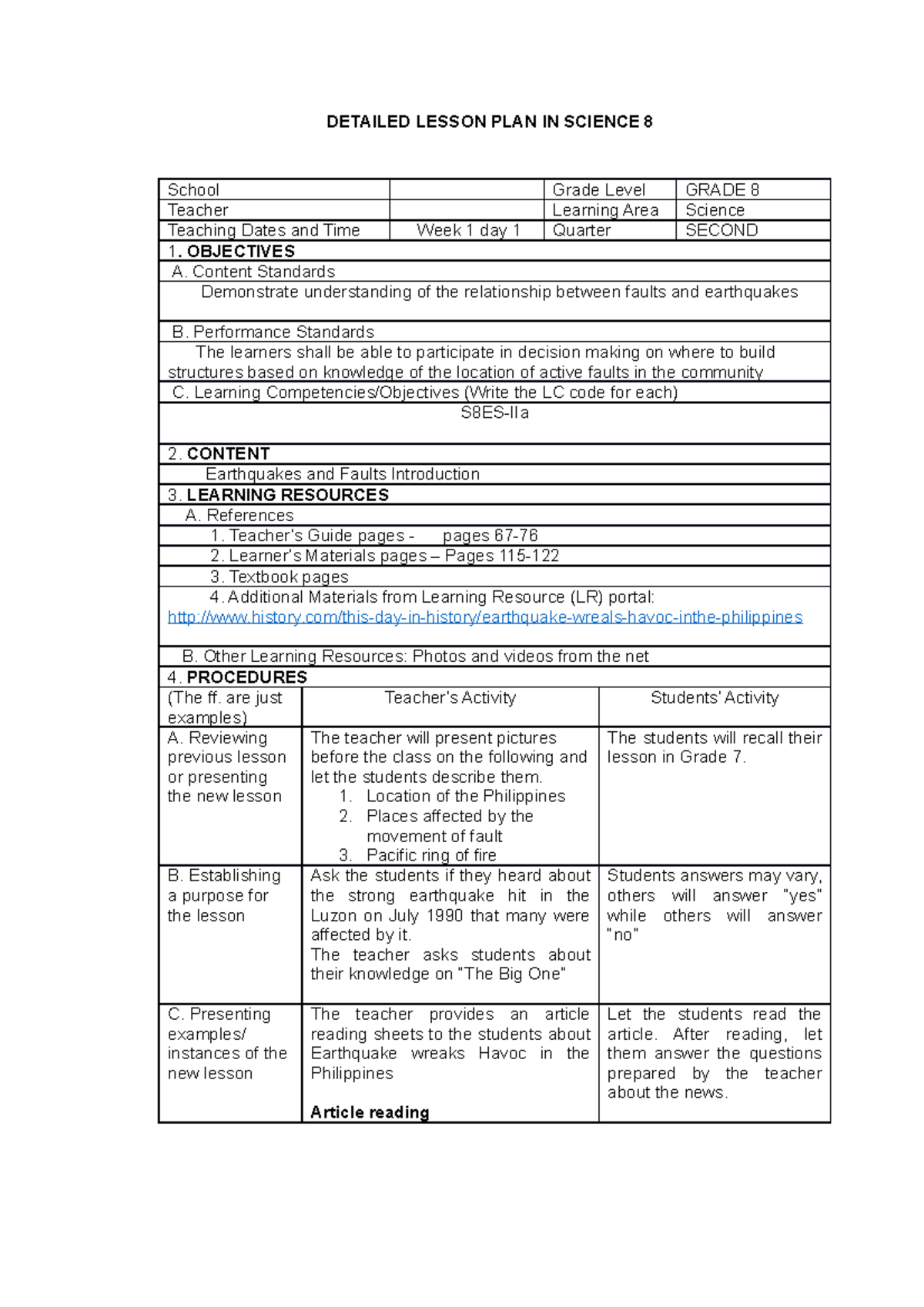 S8ES IIa Earthquakes and Faults Introduction DETAILED LESSON PLAN IN