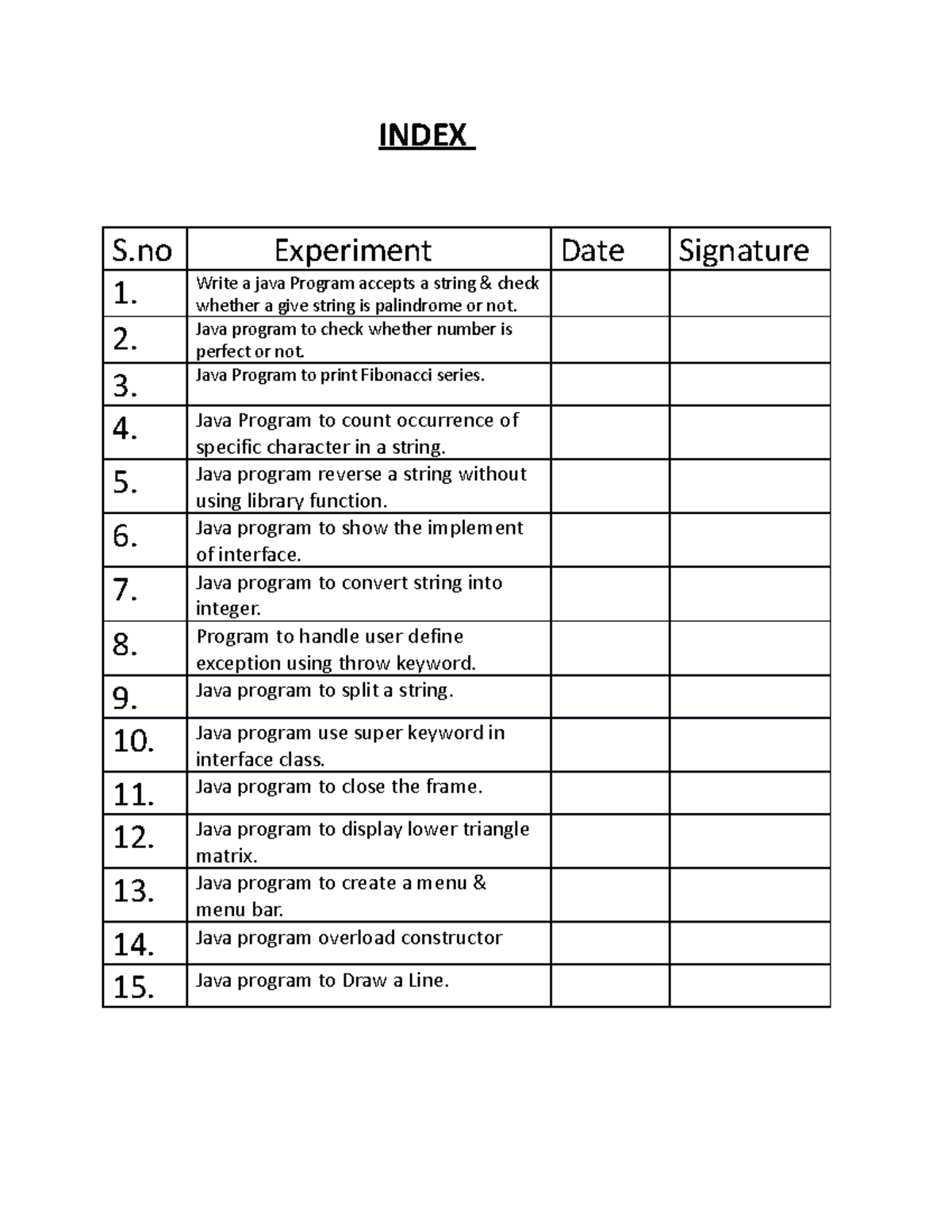 Index - INDEX S Experiment Date Signature 1. Write a java Program ...