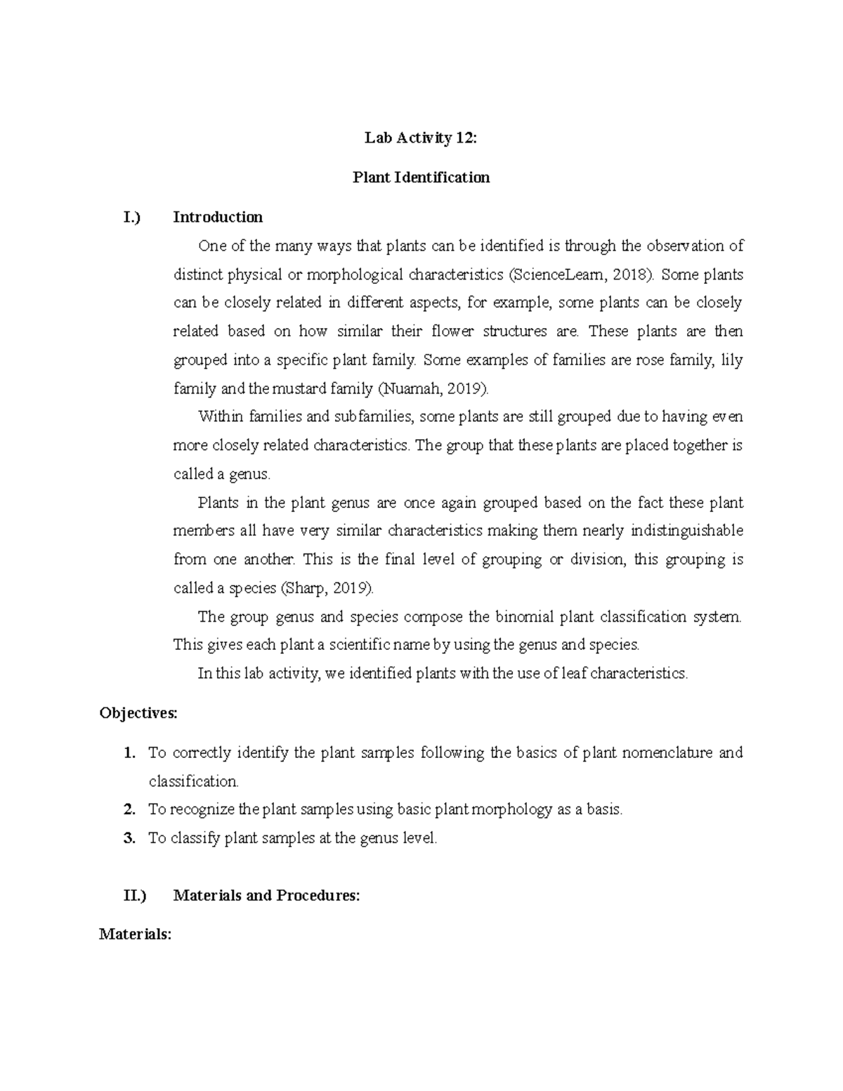 Lab Report 12 Lab Activity 12 Plant Identification I.) Introduction