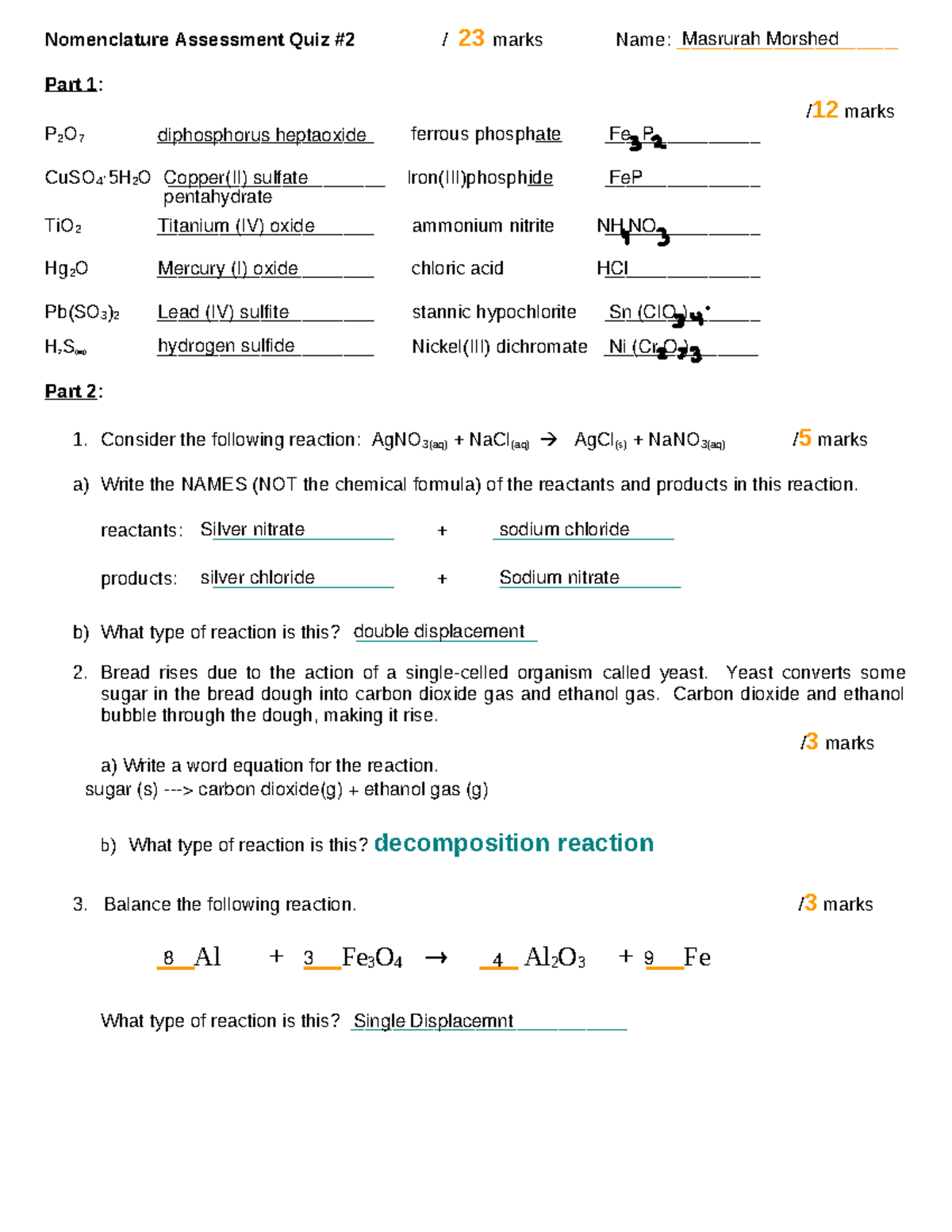 Nomenclature Quiz 2 - worksheeet for quiz - Nomenclature Assessment ...