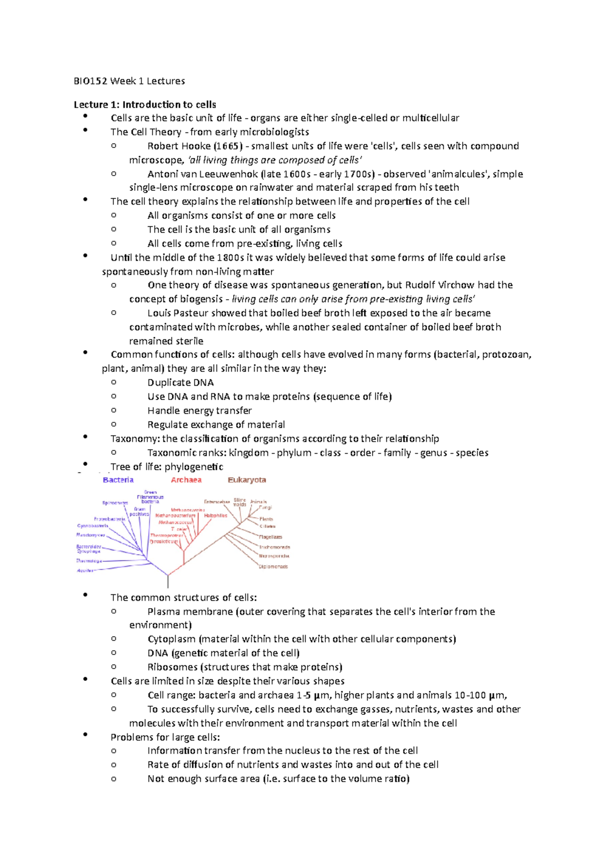 BIO152 Week 1 - Lecture Notes 1-3 - BIO152 Week 1 Lectures Lecture 1 ...