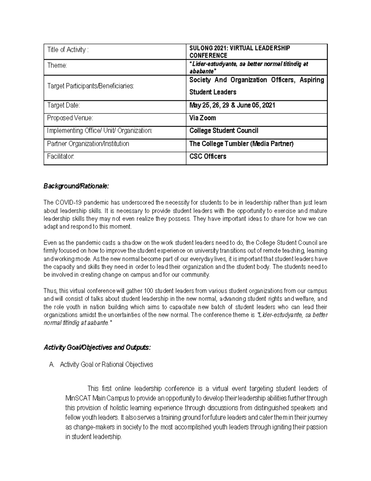 Sulong 2021 Activity Design - Business Analytics - Studocu