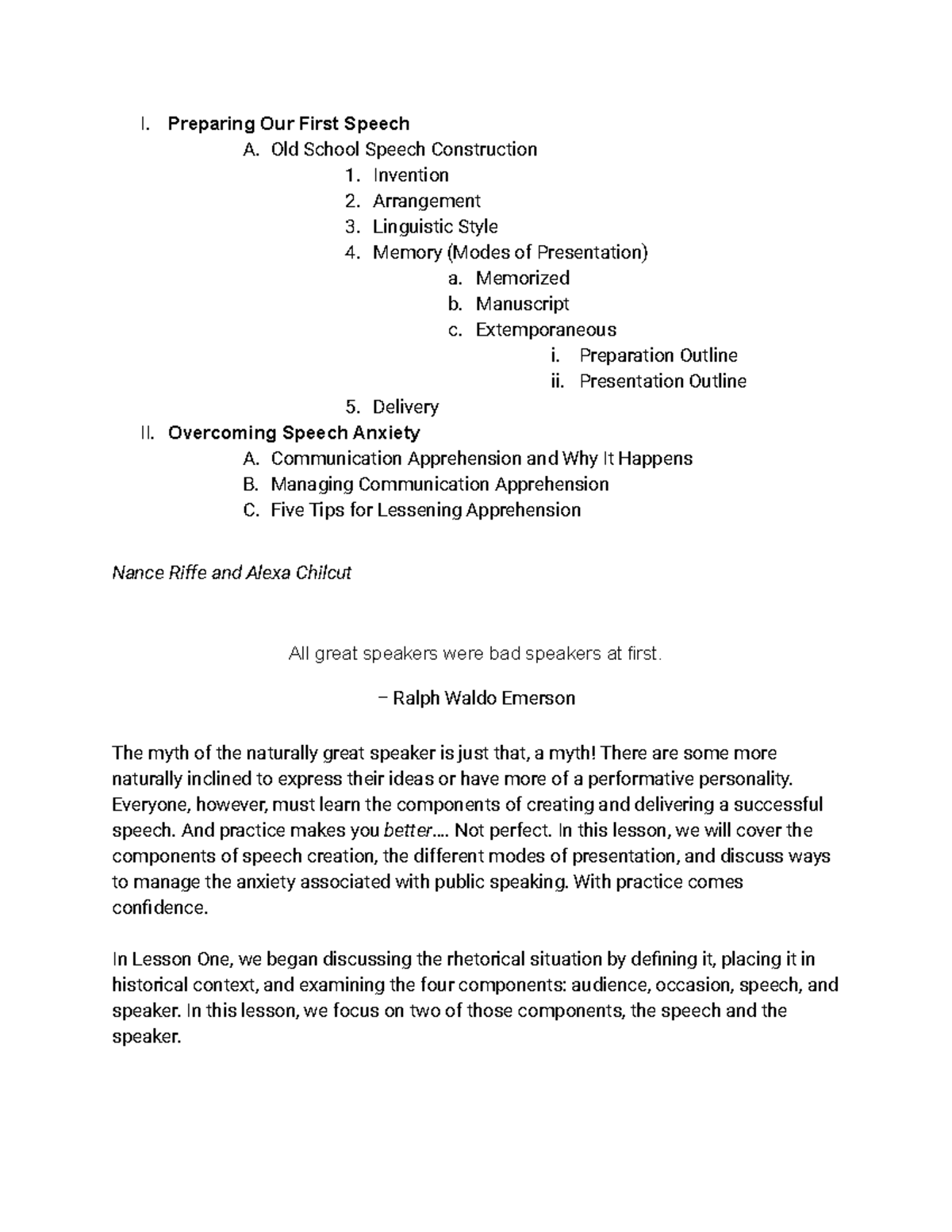 Preparing Our First Speech lesson 2 notes - I. Preparing Our First ...