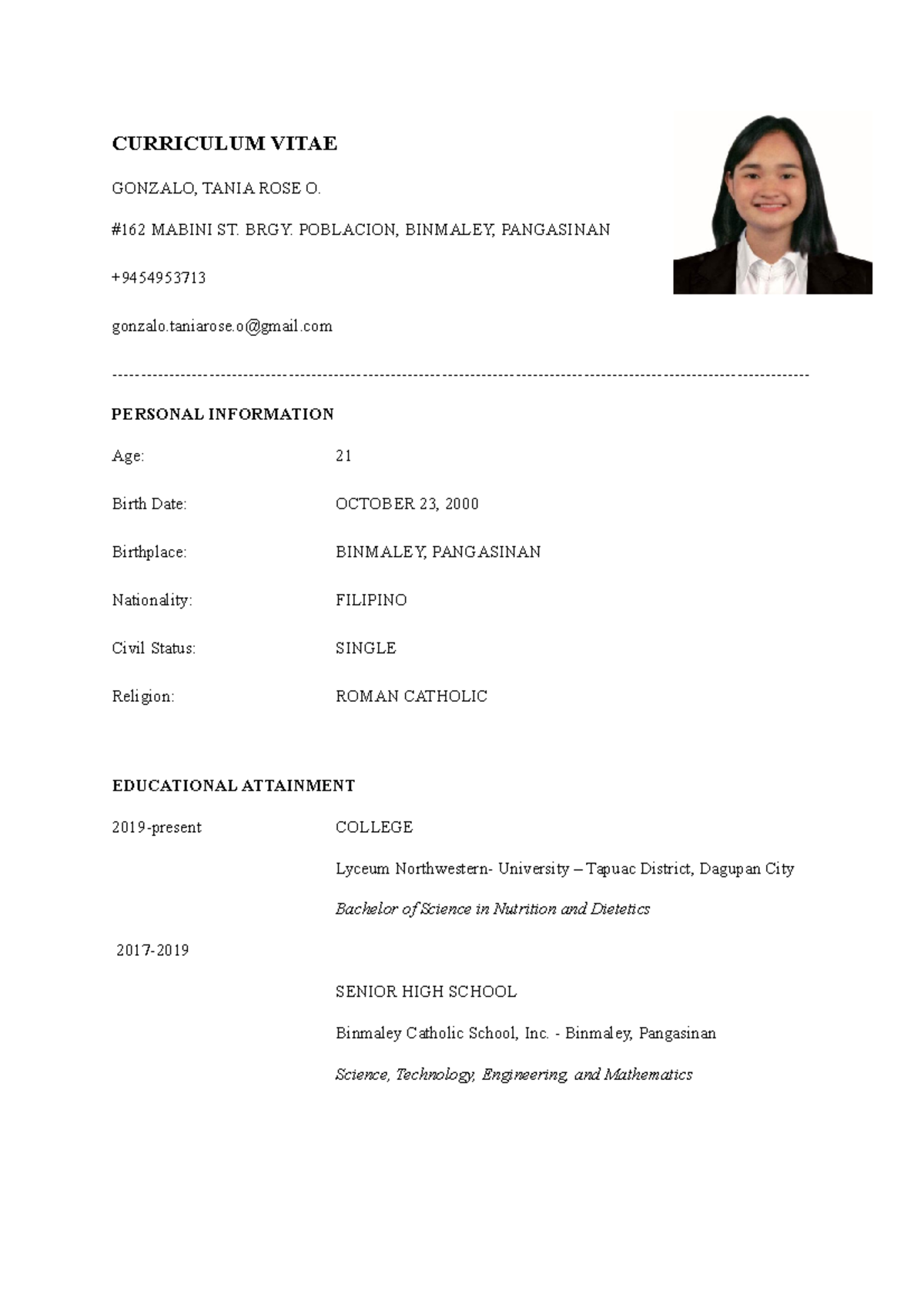 Curriculum Vitae Example - CURRICULUM VITAE GONZALO, TANIA ROSE O. #162 ...