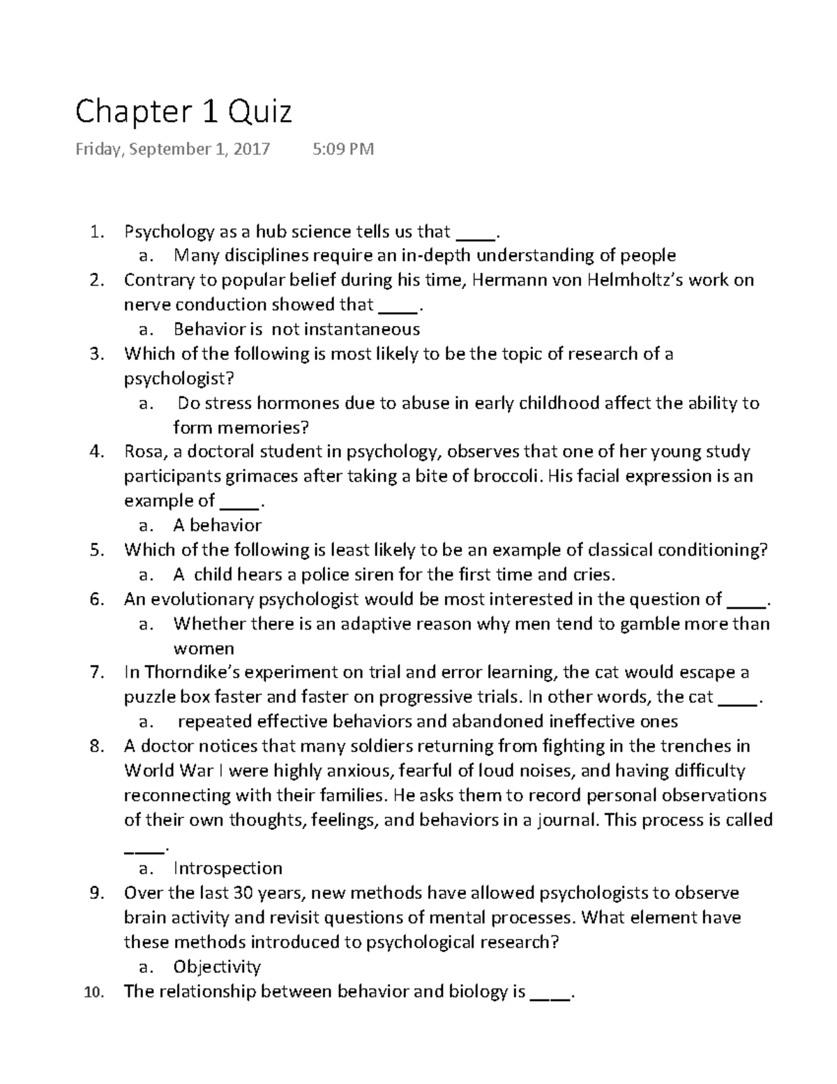 chapter 01 quiz psychology critical thinking and science