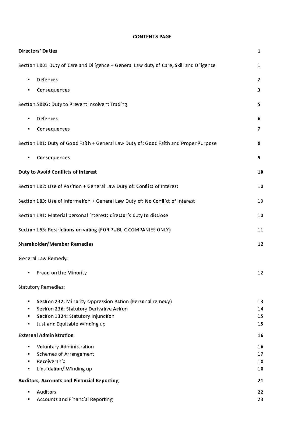 Exam Notes - CONTENTS PAGE Directors’ Duties Section 1801 Duty of Care ...