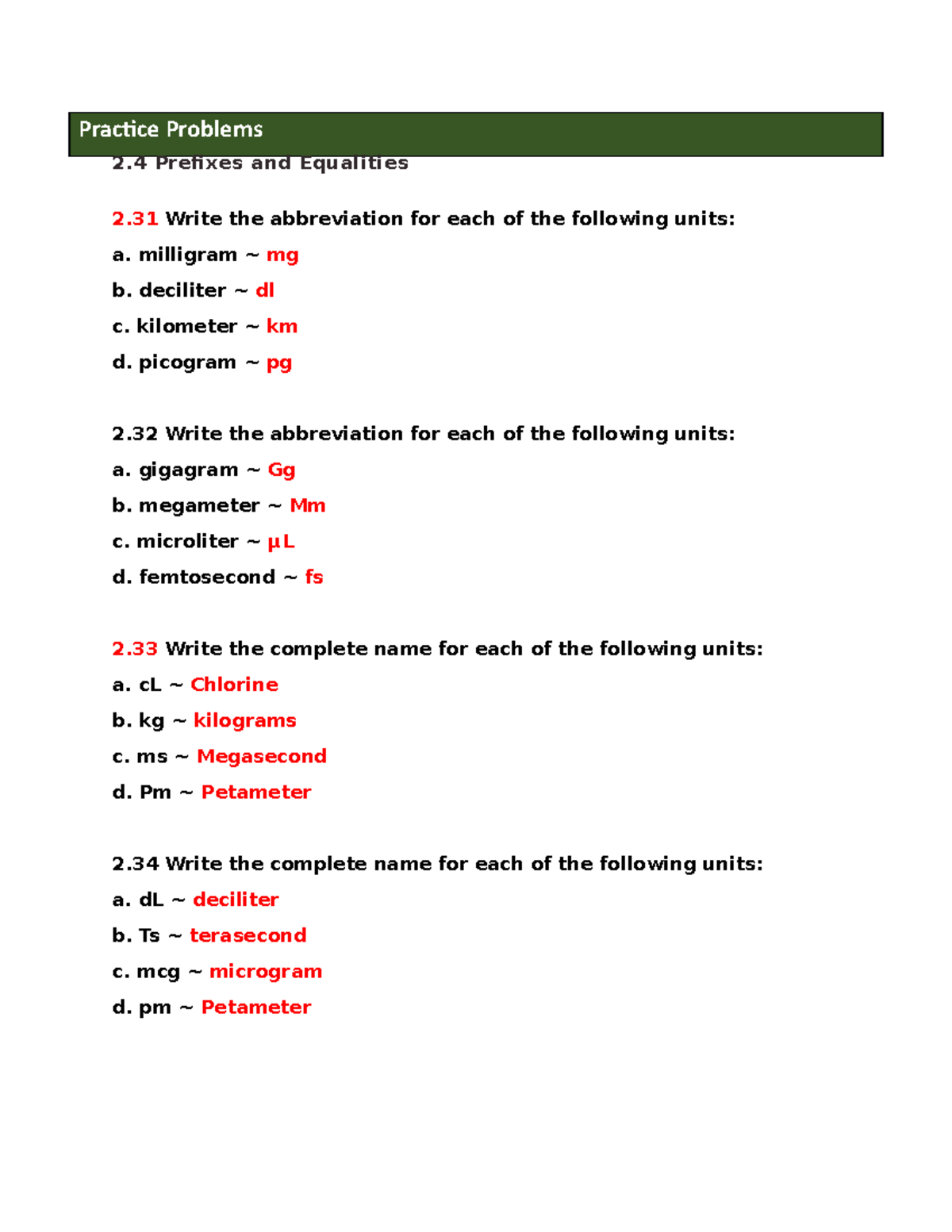 2 4 Prefixes And Equalities Chem Practice Problems 2 Prefixes And 