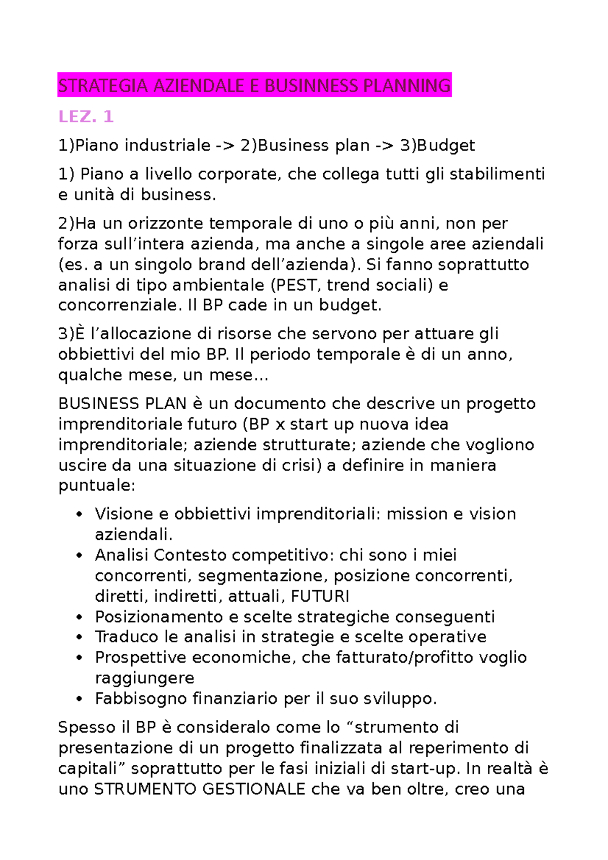 strategia aziendale e business planning unive