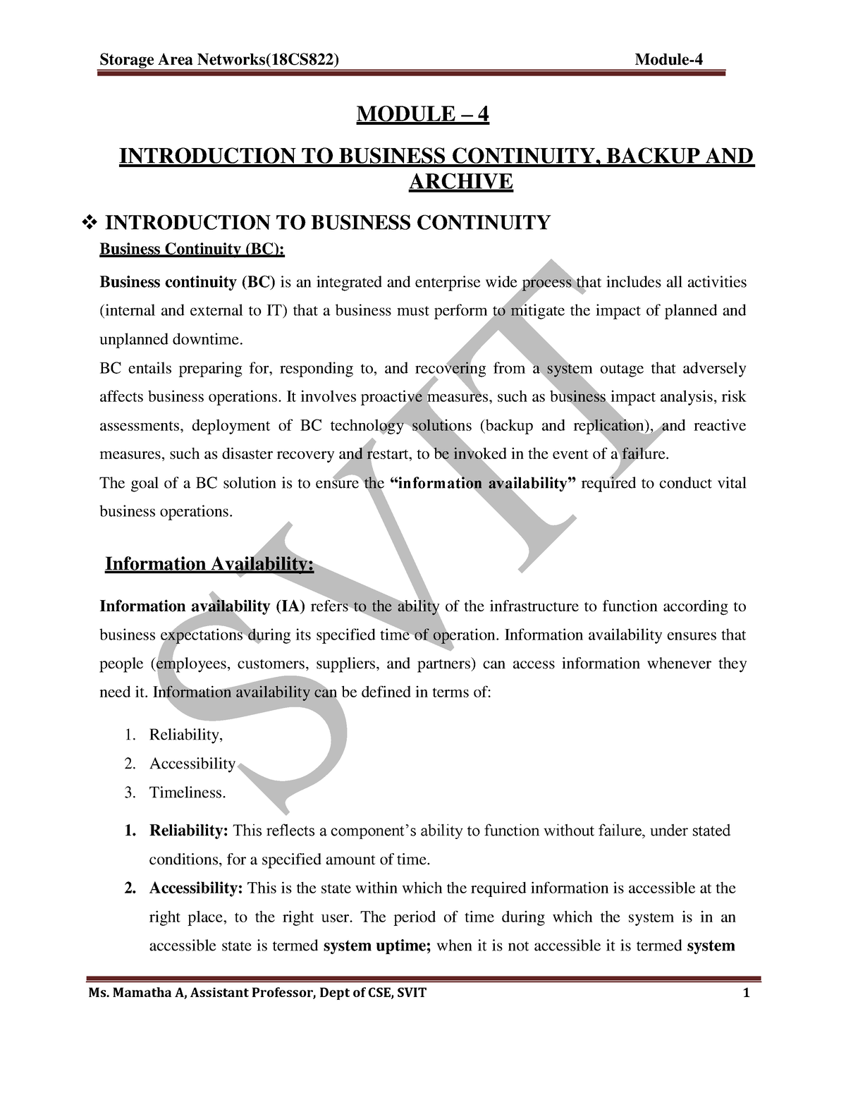 SAN Module 4 - MODULE – 4 INTRODUCTION TO BUSINESS CONTINUITY, BACKUP ...