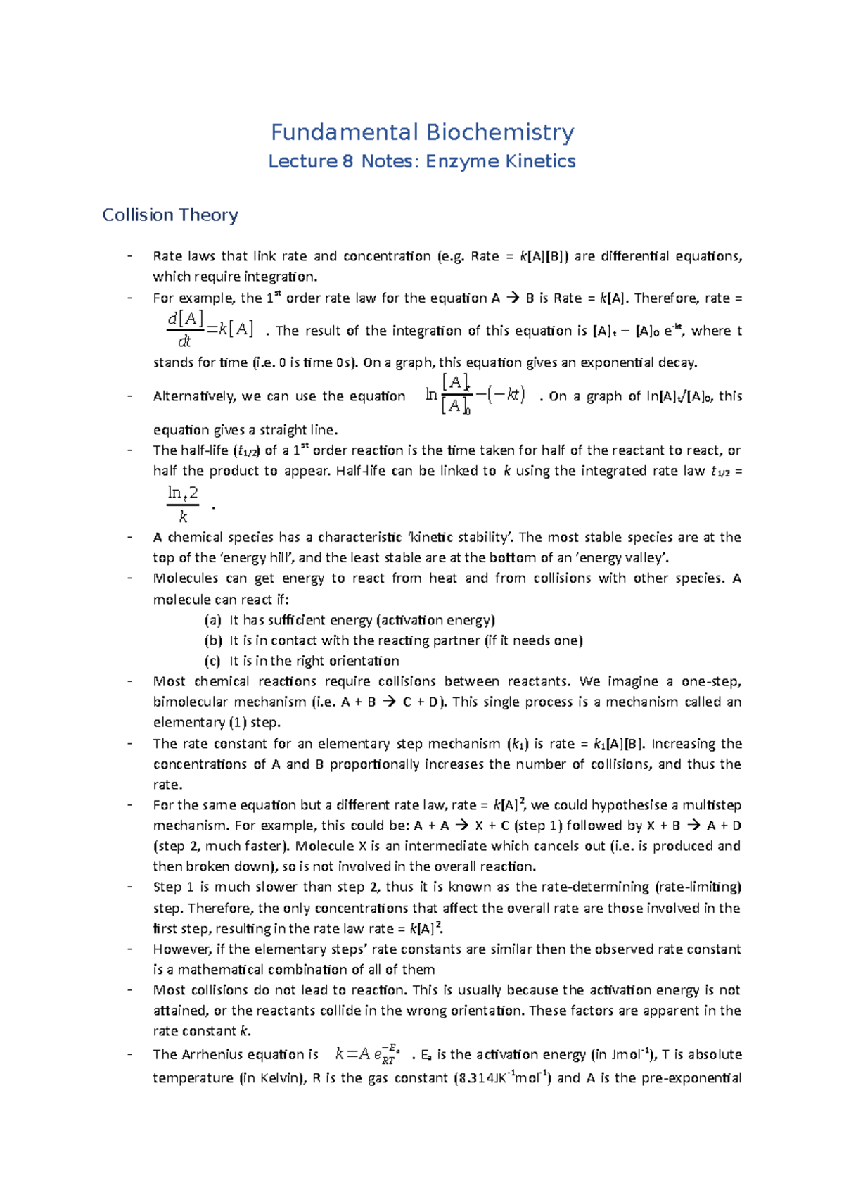Lecture 8 Notes (Enzyme Fundamental Biochemistry Lecture 8