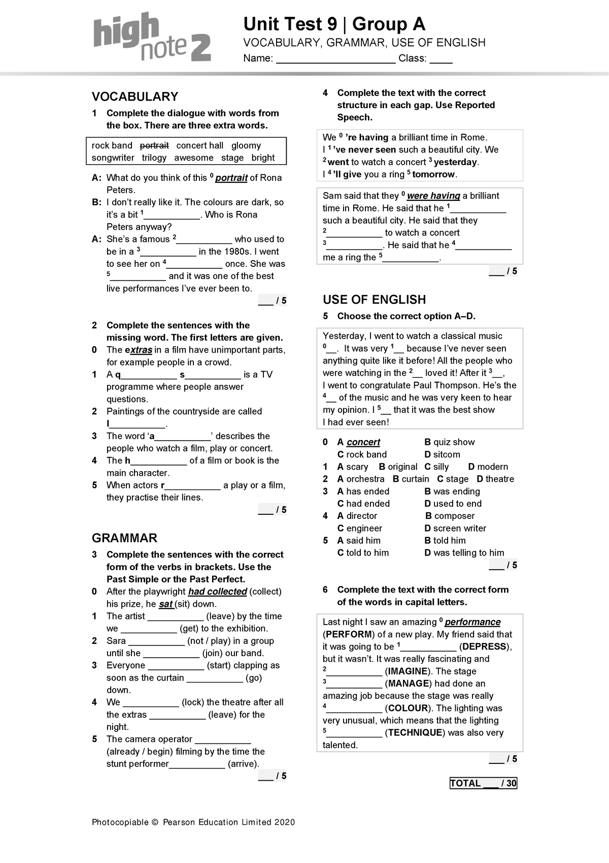 High Note 2 Unit Language Test Unit09 Group A - Unit Test 9 | Group A ...