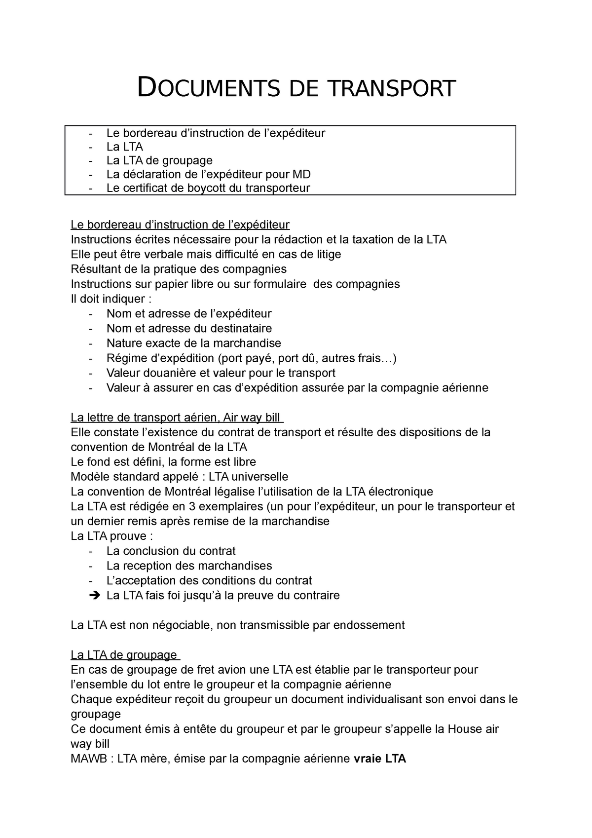 Documents de transport  DOCUMENTS DE TRANSPORT Le bordereau d