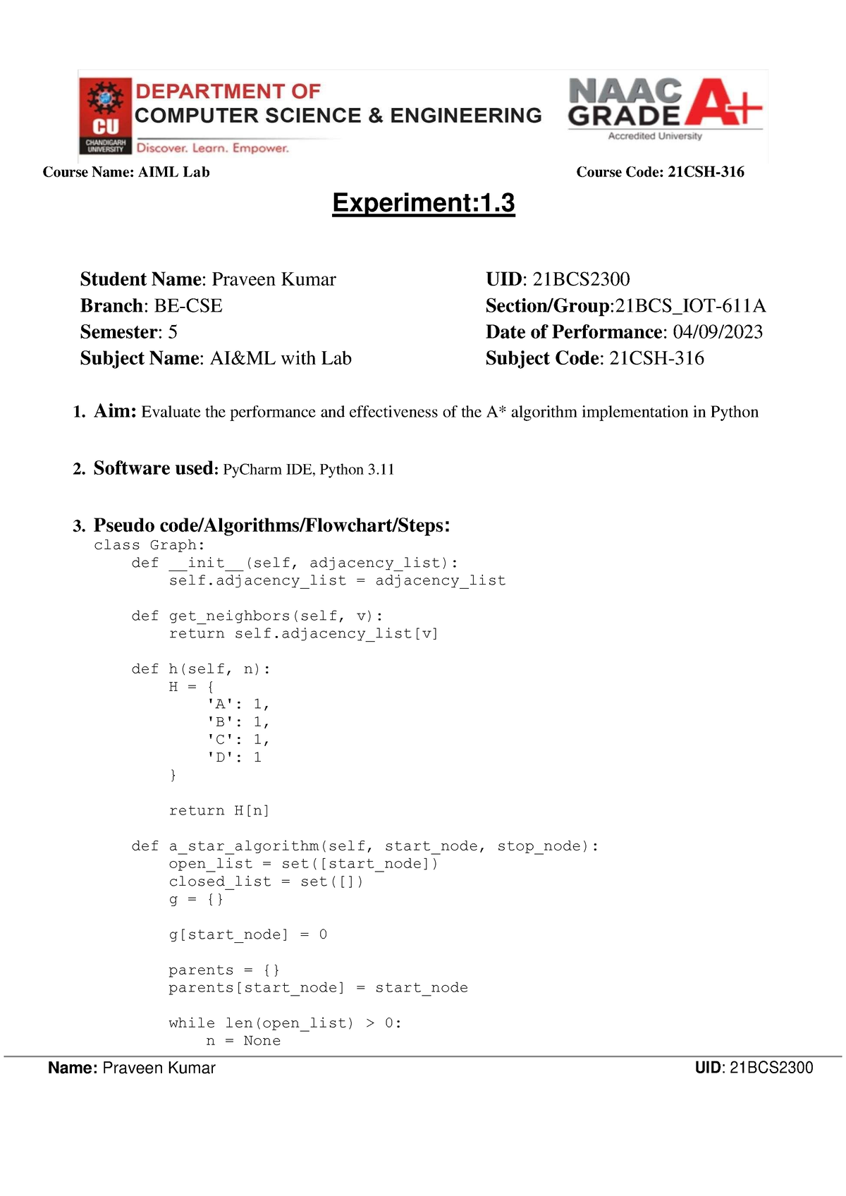 Aiml 1 - AIML WORKSHGEET - Course Name: AIML Lab Course Code: 21CSH ...