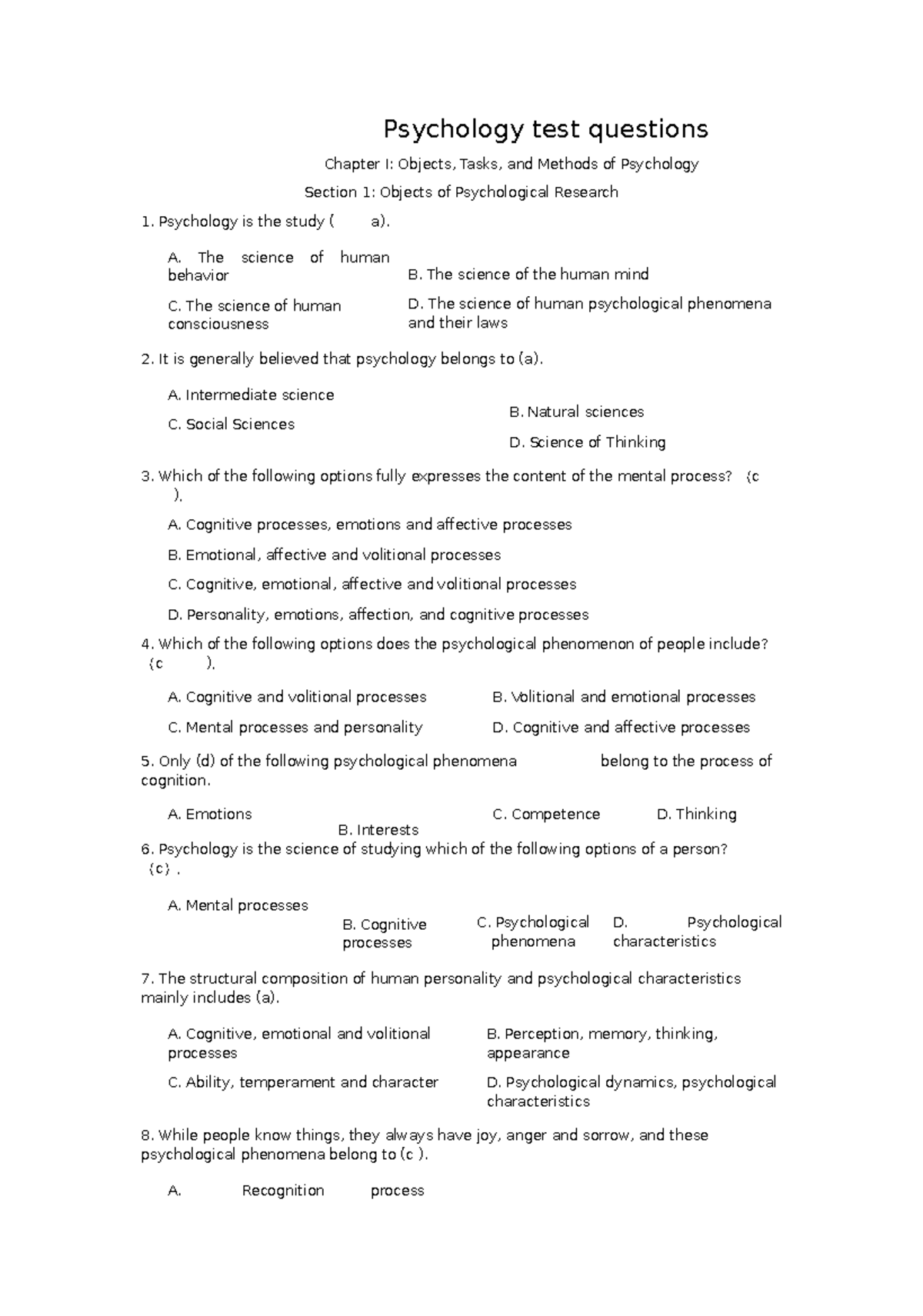 Psychological Test Questions And Answers What Is An Individu