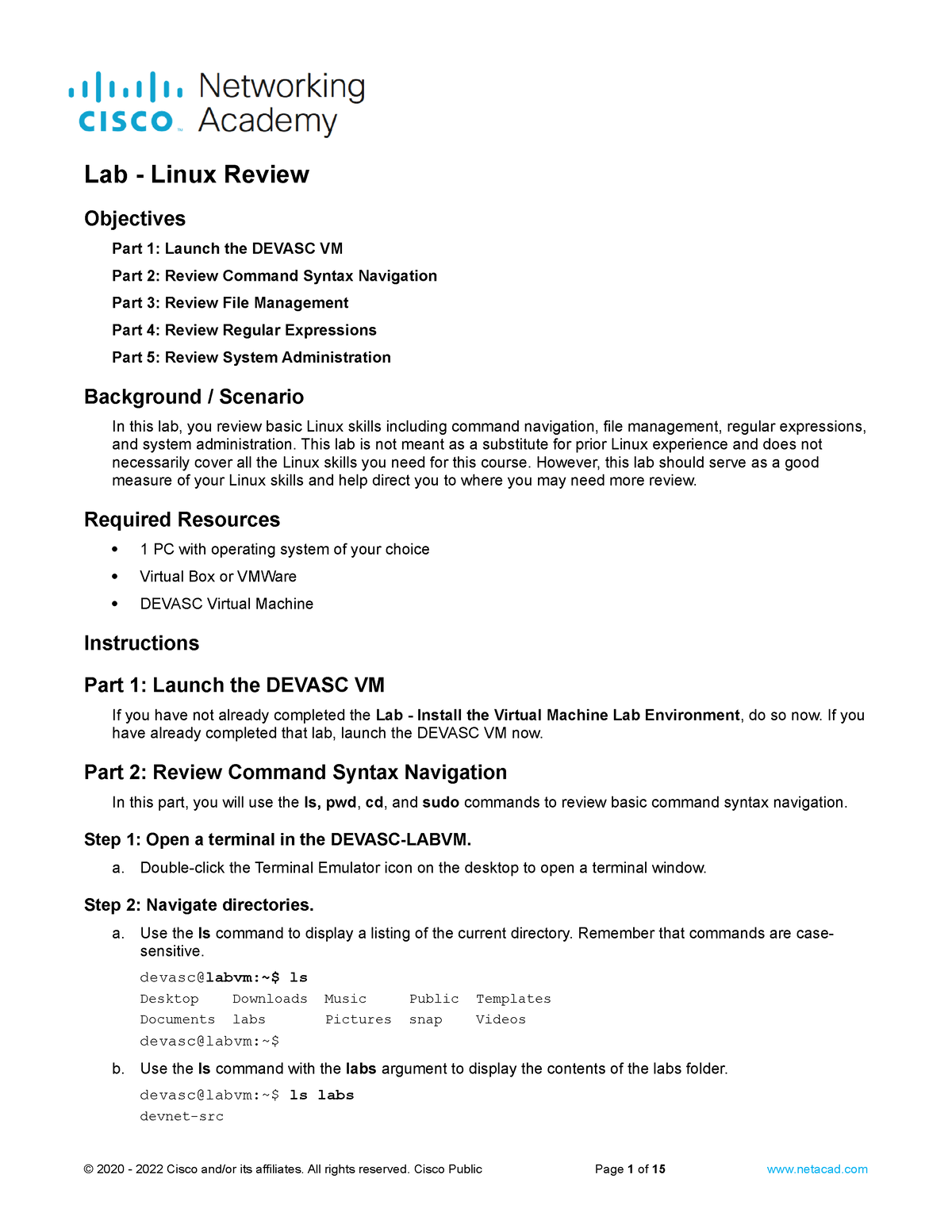 1.2.2 Lab - Linux Review - Objectives Part 1: Launch The DEVASC VM Part ...