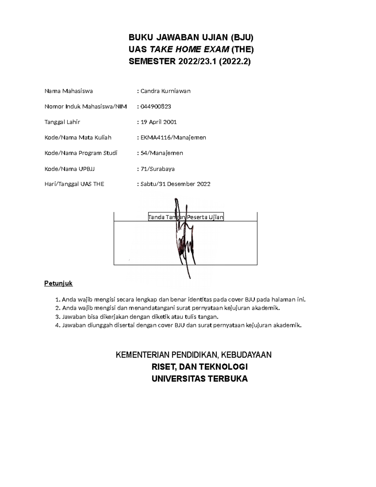 BJU Umum-2 - BJU Umum-2 - Tanda Tangan Peserta Ujian BUKU JAWABAN UJIAN ...