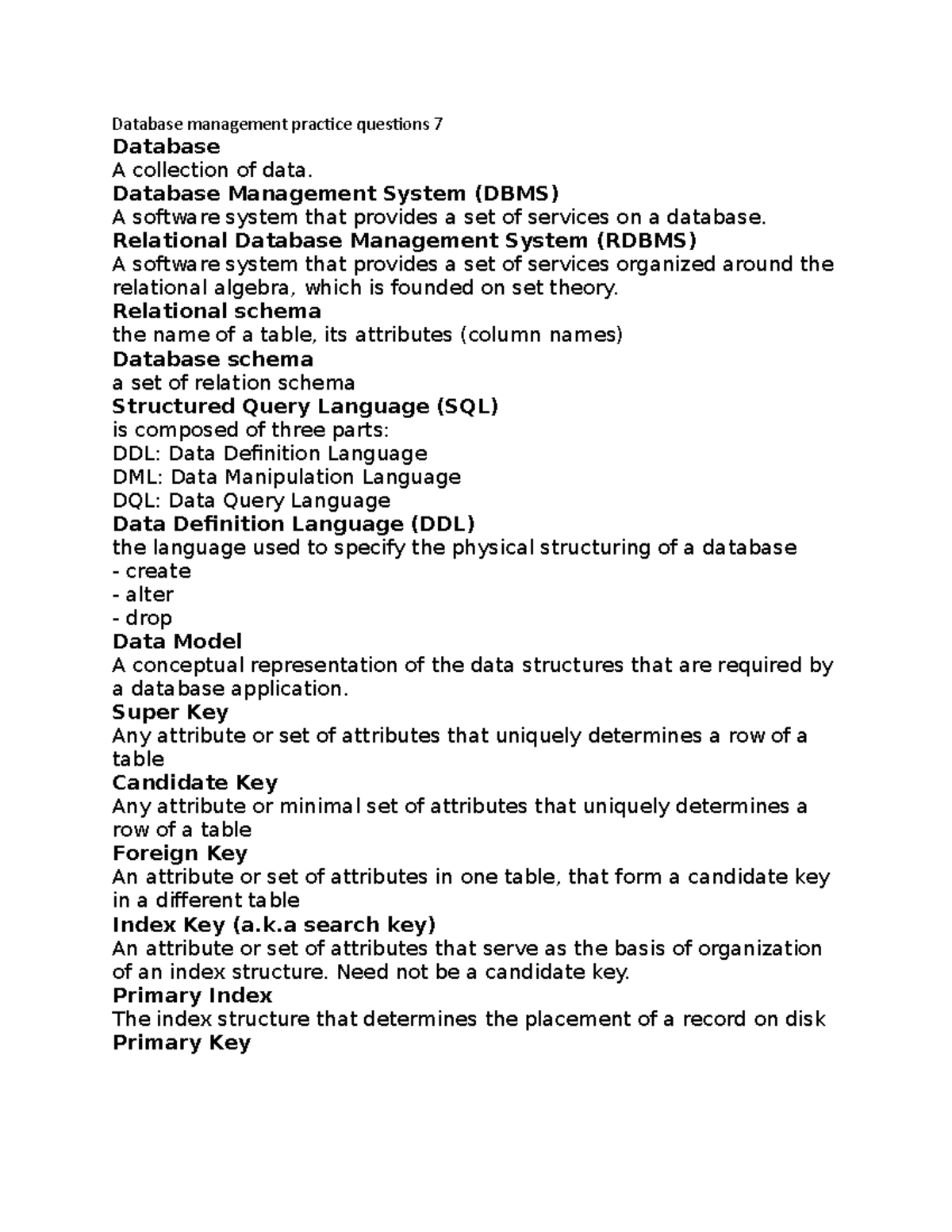 Database Management Practice Questions 7 - Database Management System ...