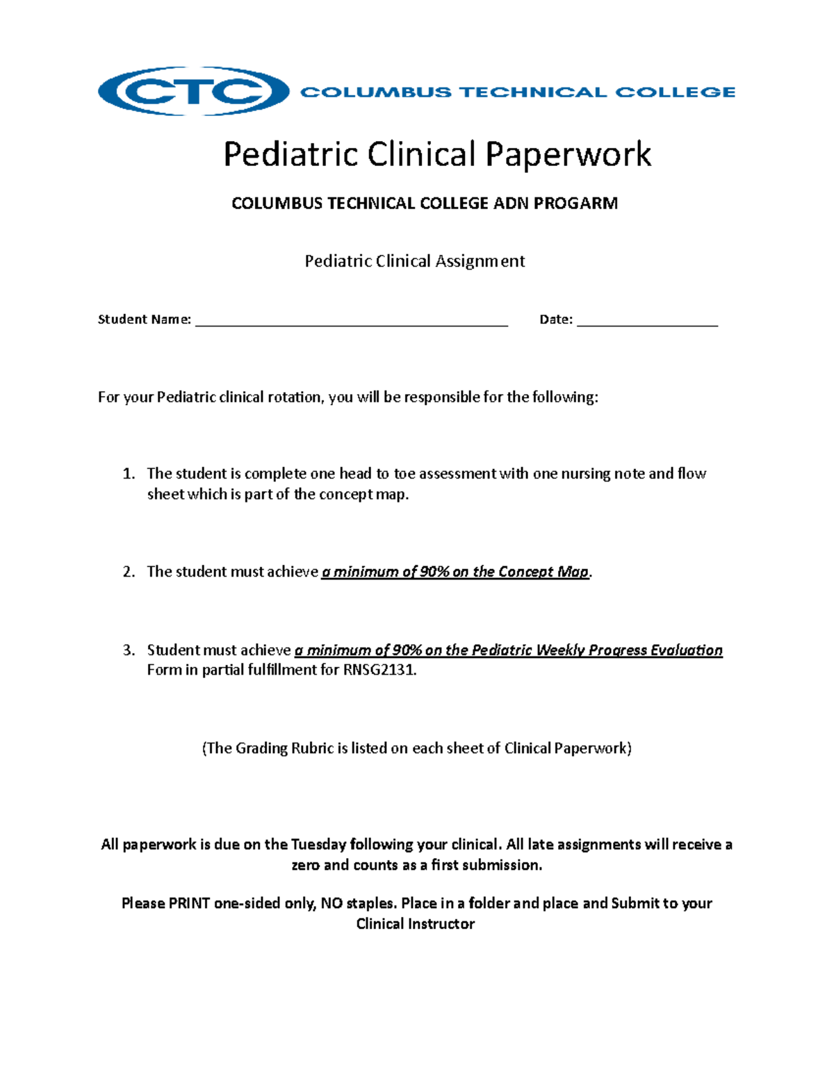Pediatric Clinical Paperwork with Peds Eval - Pediatric Clinical ...