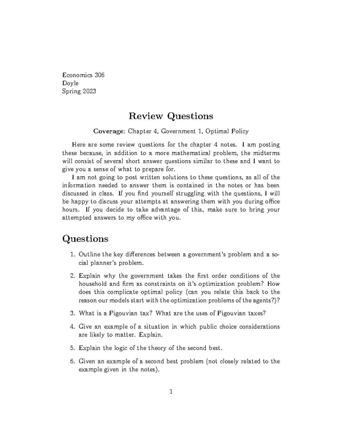 RQ Government 1 - questions - Economics 306 Doyle Spring 2023 Review ...