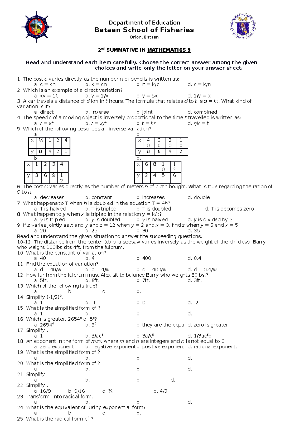 Math09-Q2-ST - Summative test - Department of Education Bataan School ...