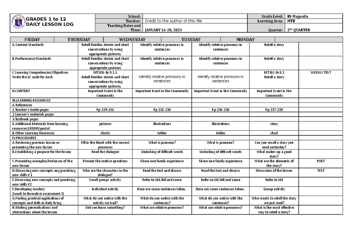 DLL MTB 3 Q2 W9 - DDDDDD - GRADES 1 to 12 DAILY LESSON LOG School ...