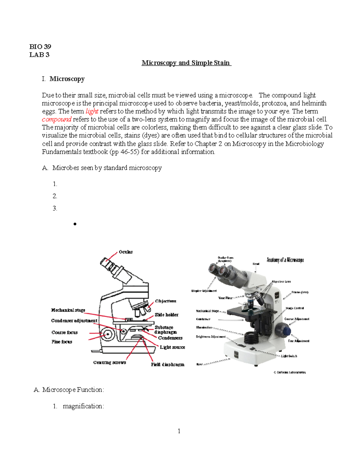 LAB 3 BIO 39 S23 LAB 3 BIO 39 LAB 3 Microscopy and Simple Stain I