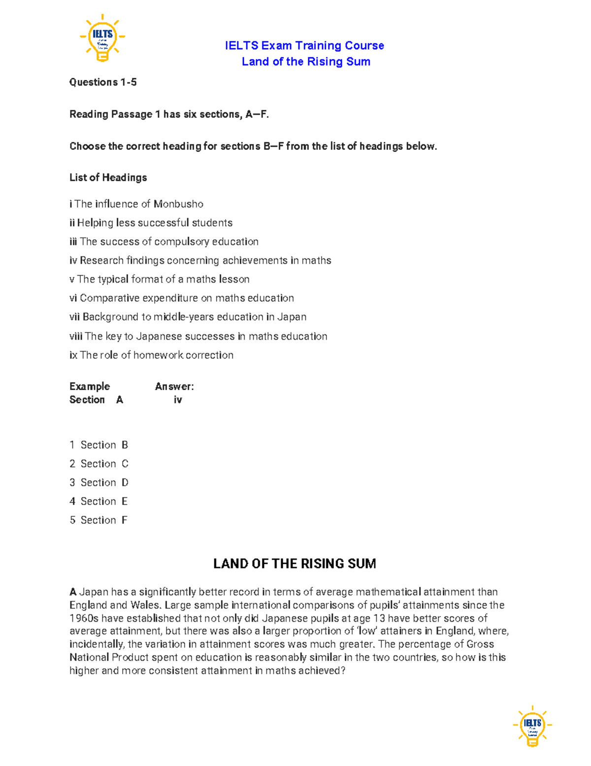 Ielts Reading Land of the Rising Sum Land of the Rising Sum Questions
