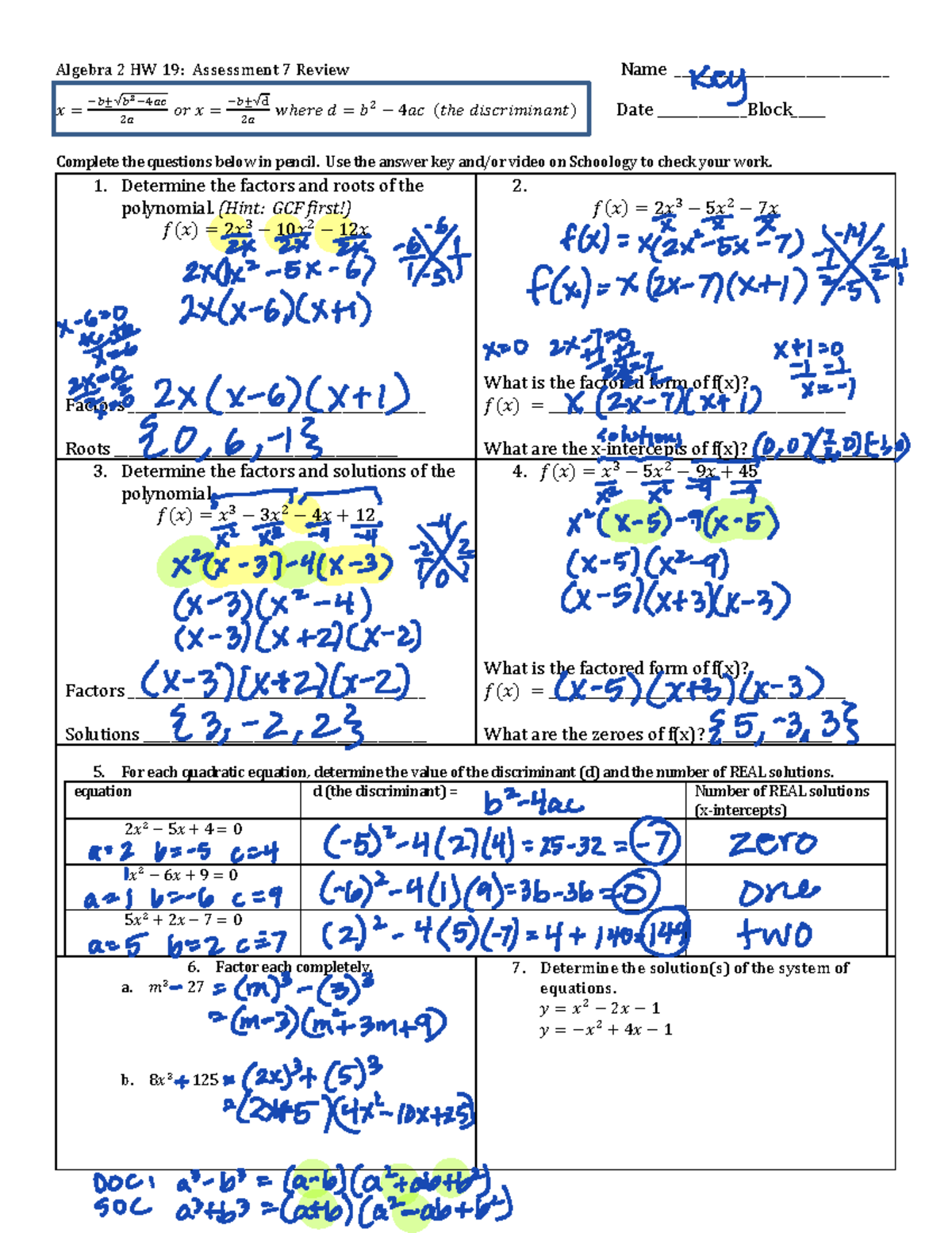 A2 Hw 19 Assessment 7 Review Key - Algebra 2 Hw 19: Assessment 7 Review 