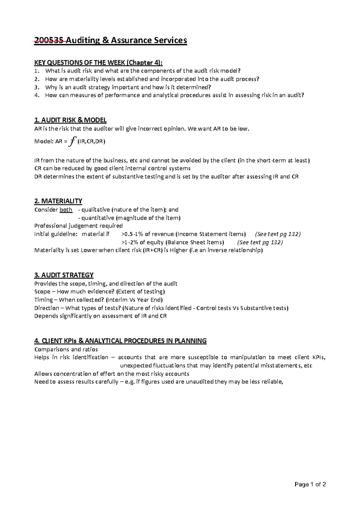 Weekly summary Chapter 4 - Page 1 of 2 200535 Auditing & Assurance ...