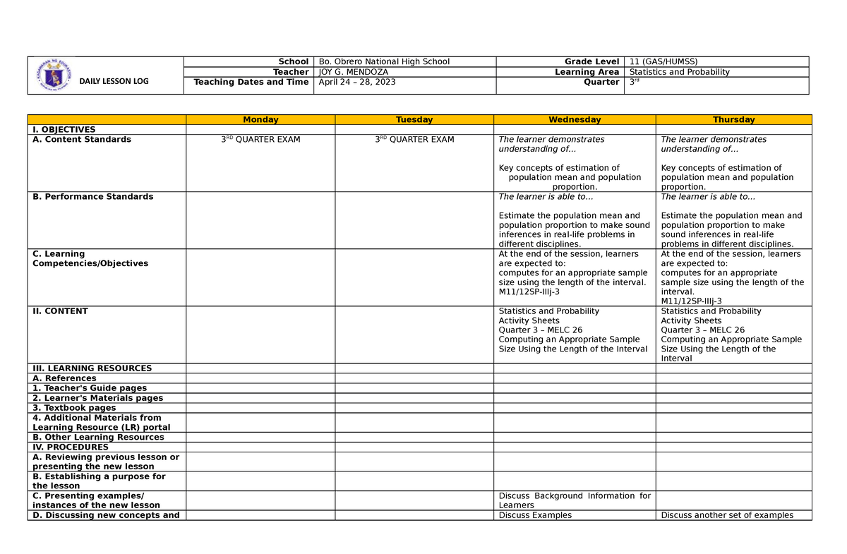 Daily Lesson LOG SP(apr24-28) - School Bo. Obrero National High School ...