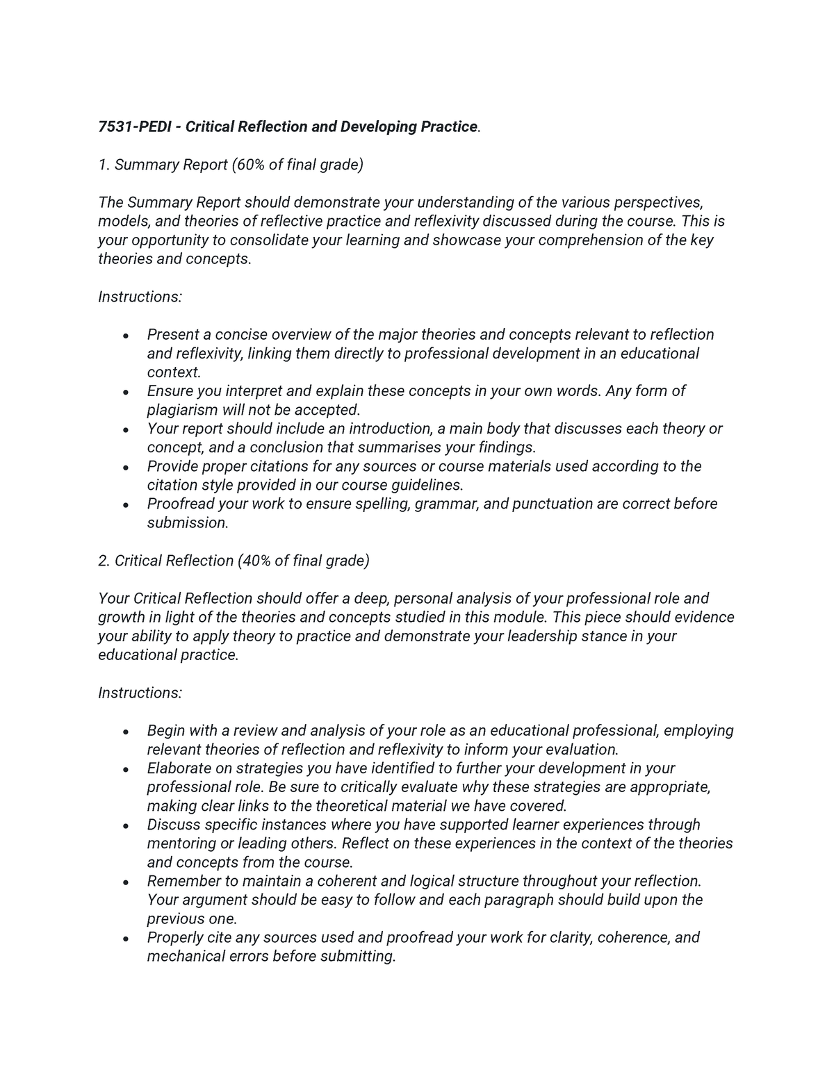 Summative - N/A - 7531 - PEDI - Critical Reflection and Developing ...