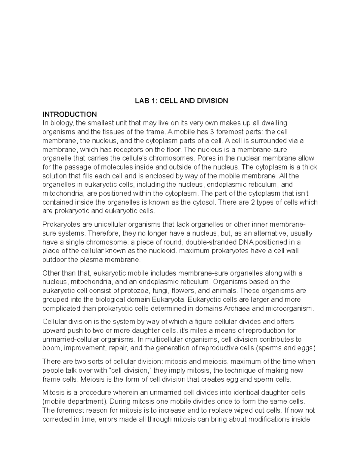 Lab Report 1 AGR122 - LAB 1: CELL AND DIVISION INTRODUCTION In biology ...