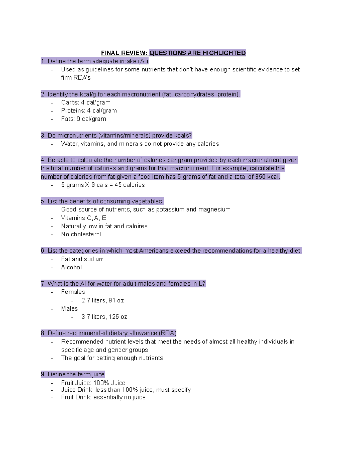 Final Review Nutrition FINAL REVIEW QUESTIONS ARE HIGHLIGHTED Define