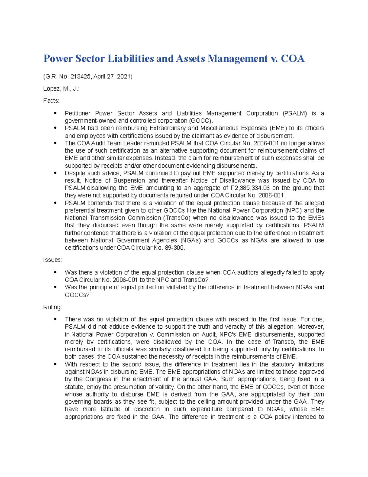 Power Sector Assets and Liabilities Management v. COA Power Sector