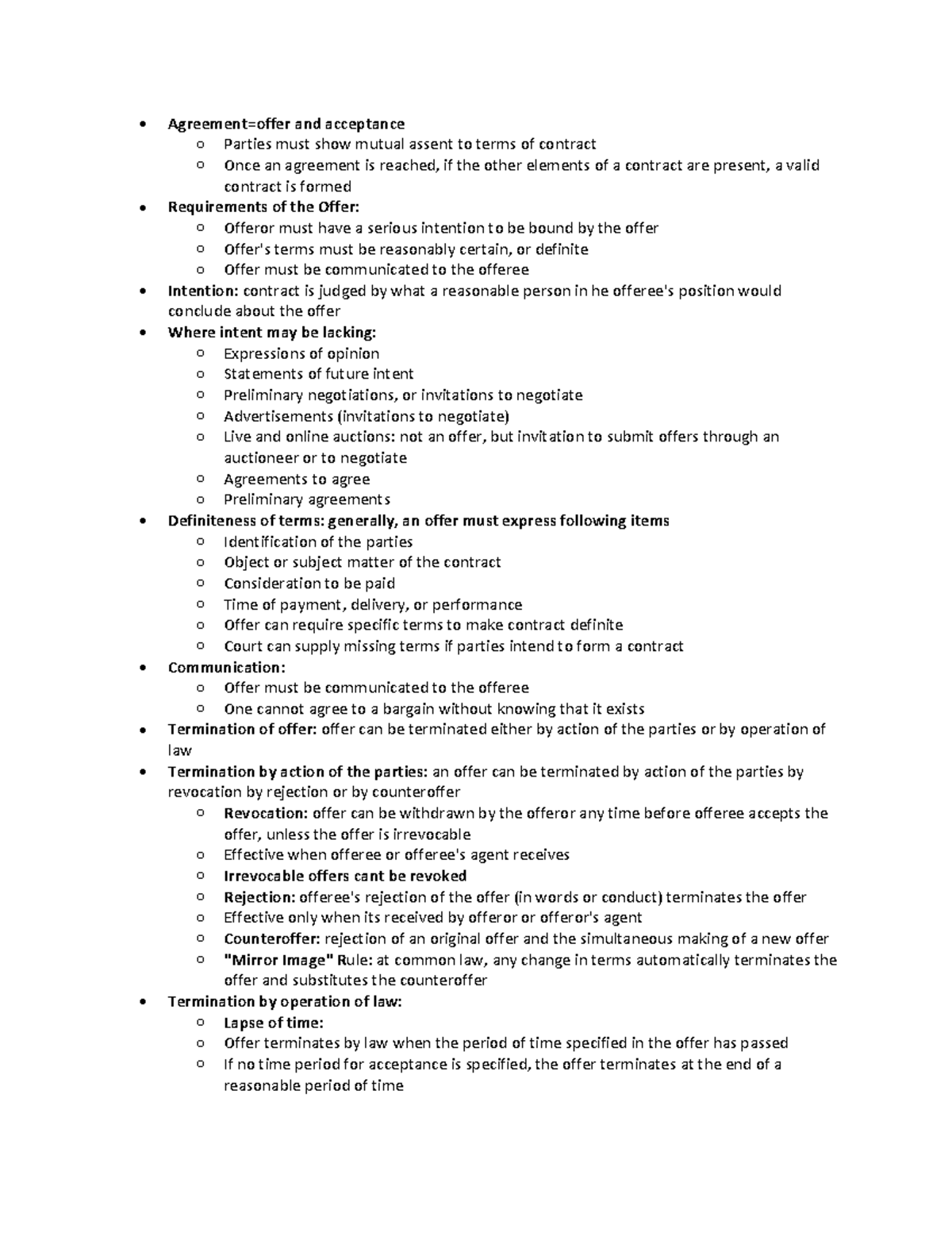 Chapter 12 - Agreement=offer and acceptance o Parties must show mutual ...