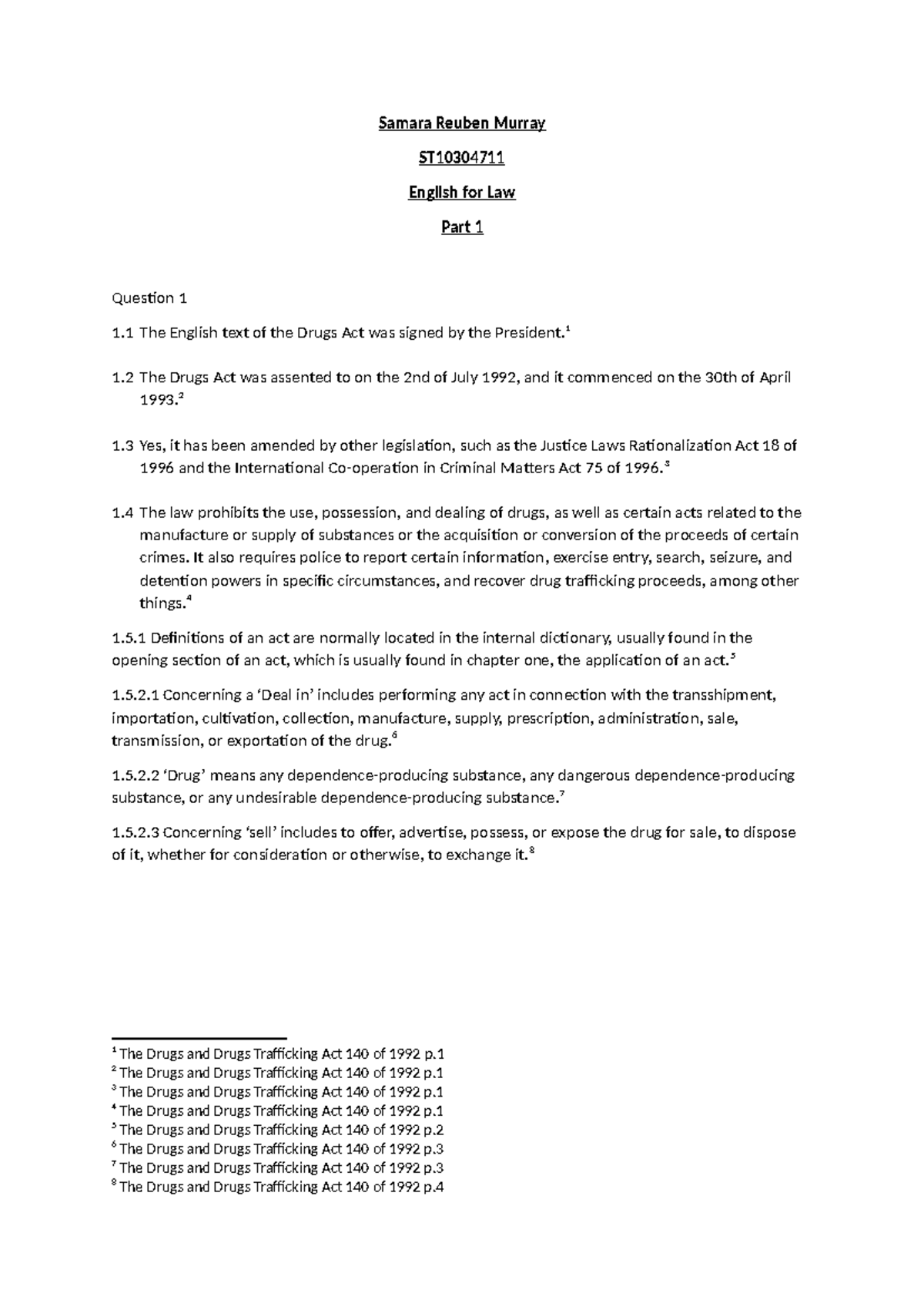 ENFL Part 1 - poe 1 - Samara Reuben Murray ST English for Law Part 1 ...