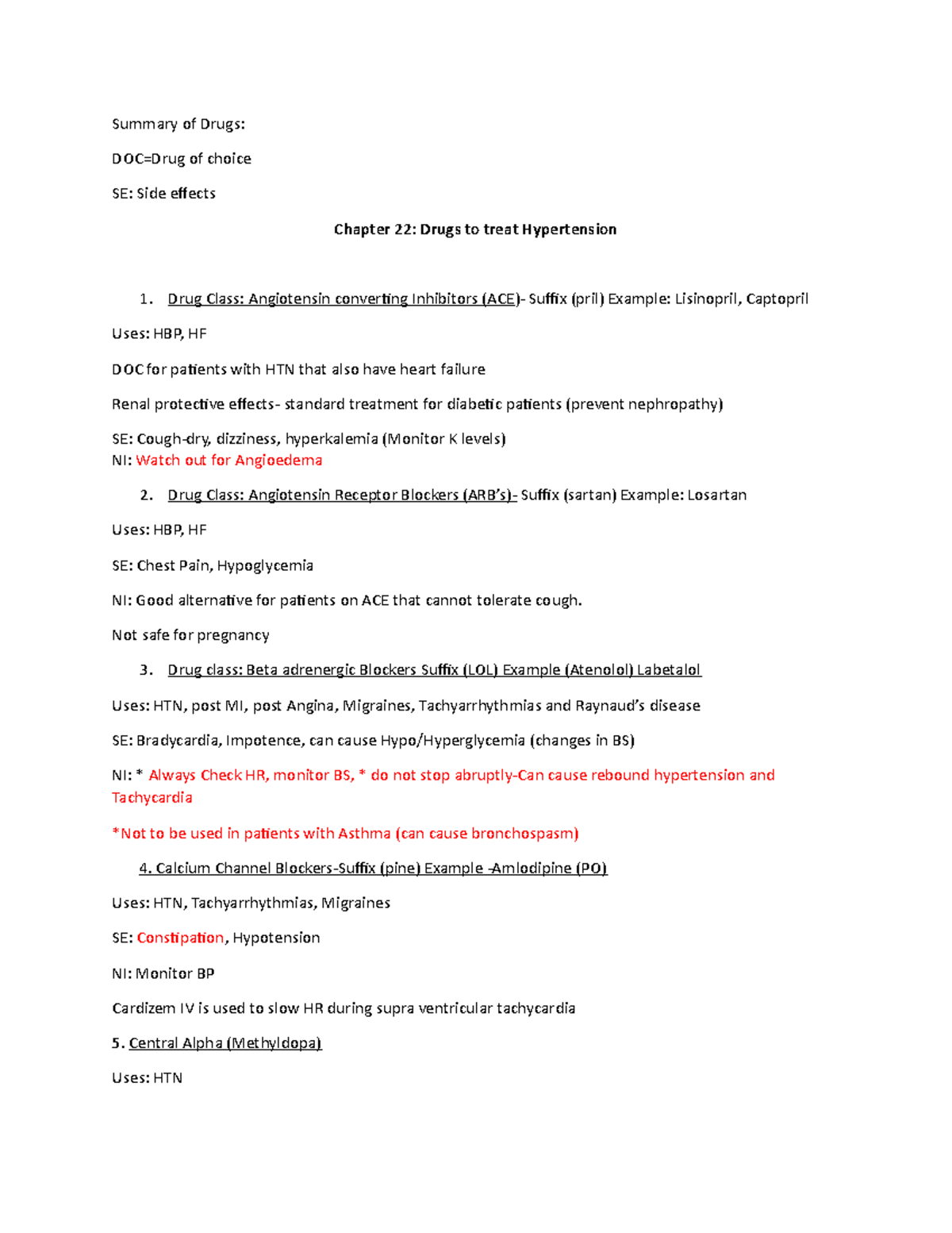 Summary of Drugs Cardiac chapters Summary of Drugs DOC=Drug of choice SE Side effects