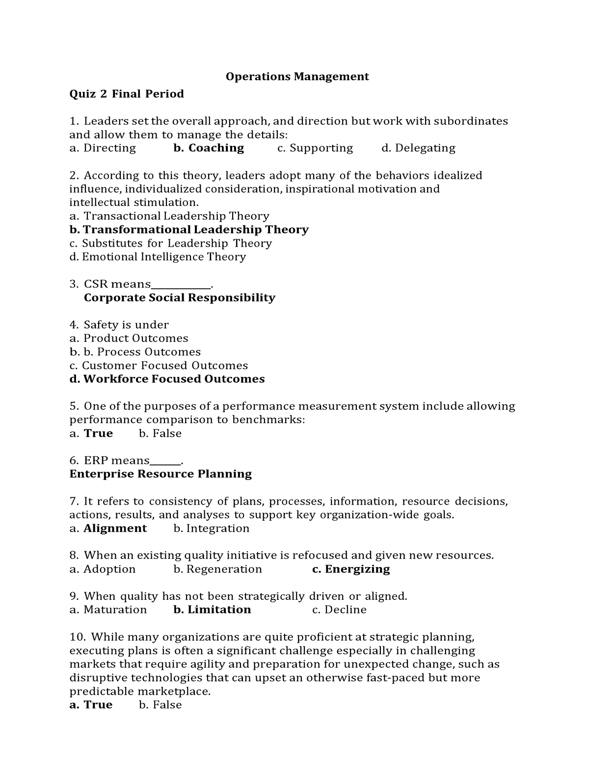 Operations Management Final Quiz - Operations Management Quiz 2 Final ...