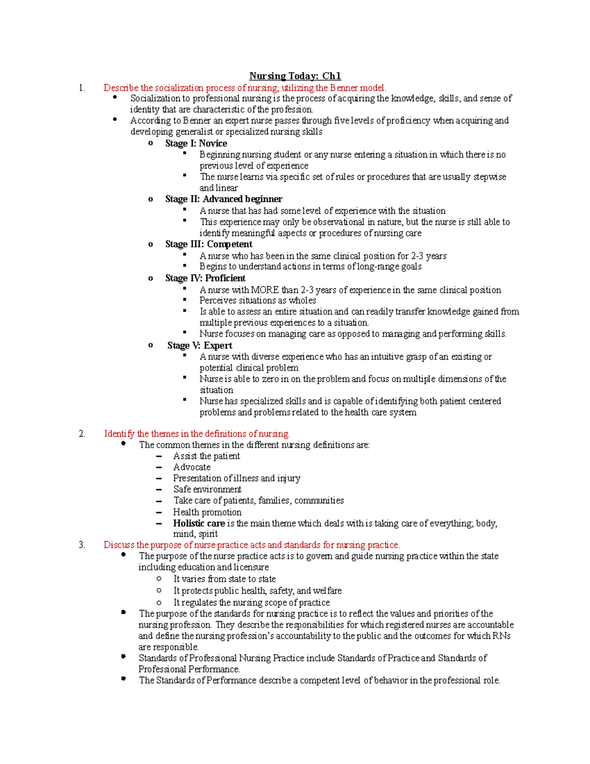 Nursing Today-Ch1 - Amy Rangel - Nursing Today: Ch1 1. Describe the ...